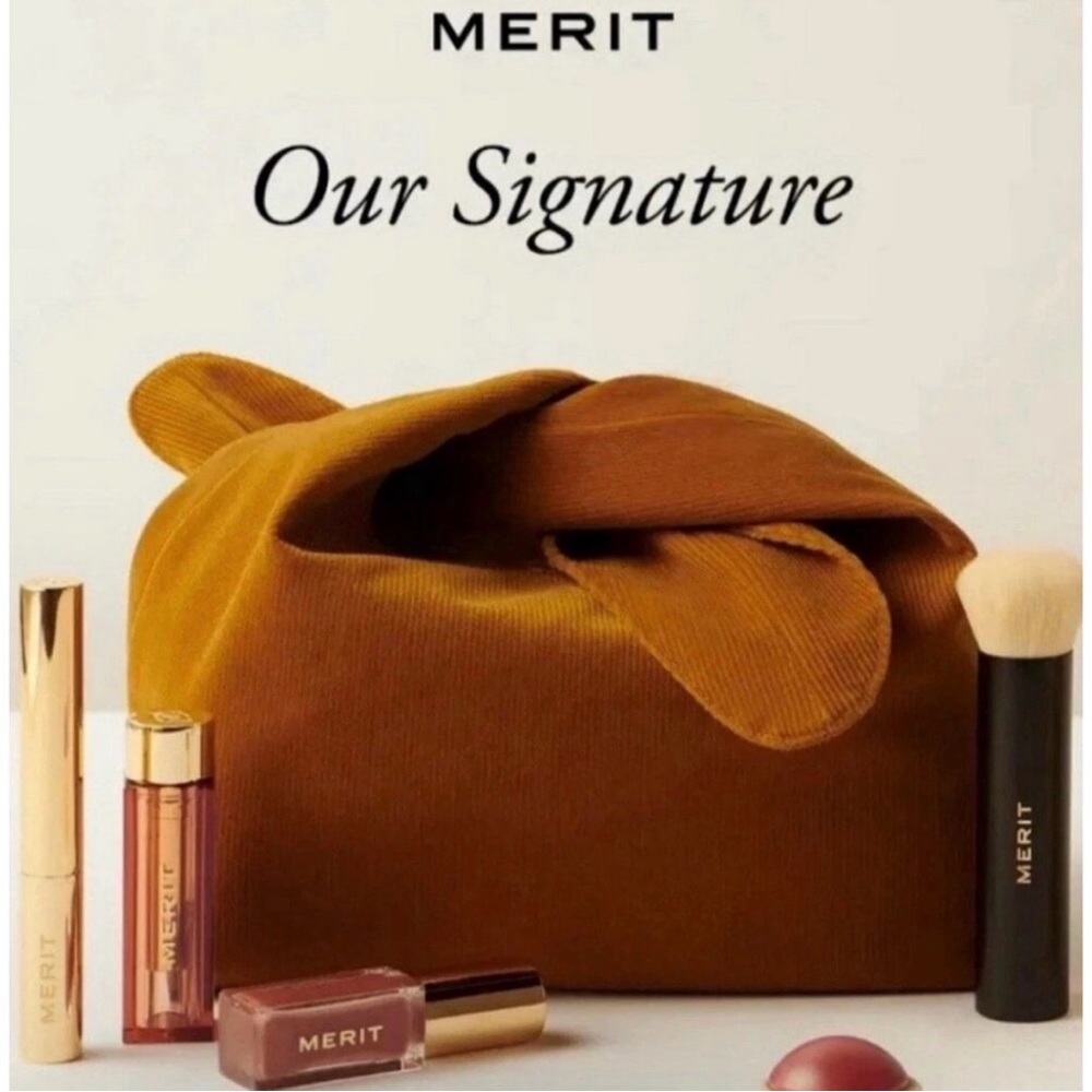 Merit Beauty The Signature Cosmetic Makeup Bag Corduroy Tie Top Pouch Brown - Picture 2 of 7